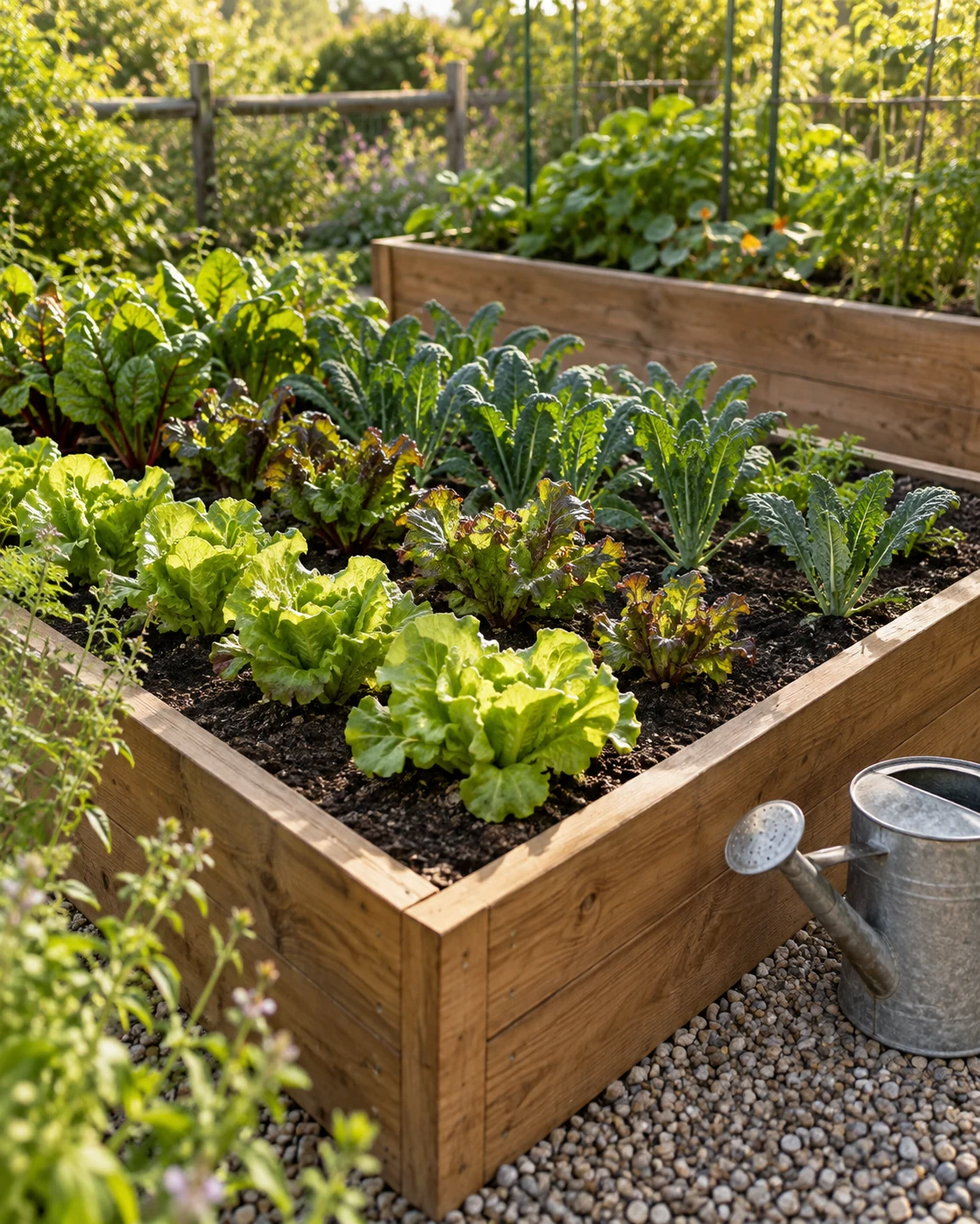 Healthy leafy vegetables growing in cedar raised beds, with a watering can on the garden path.